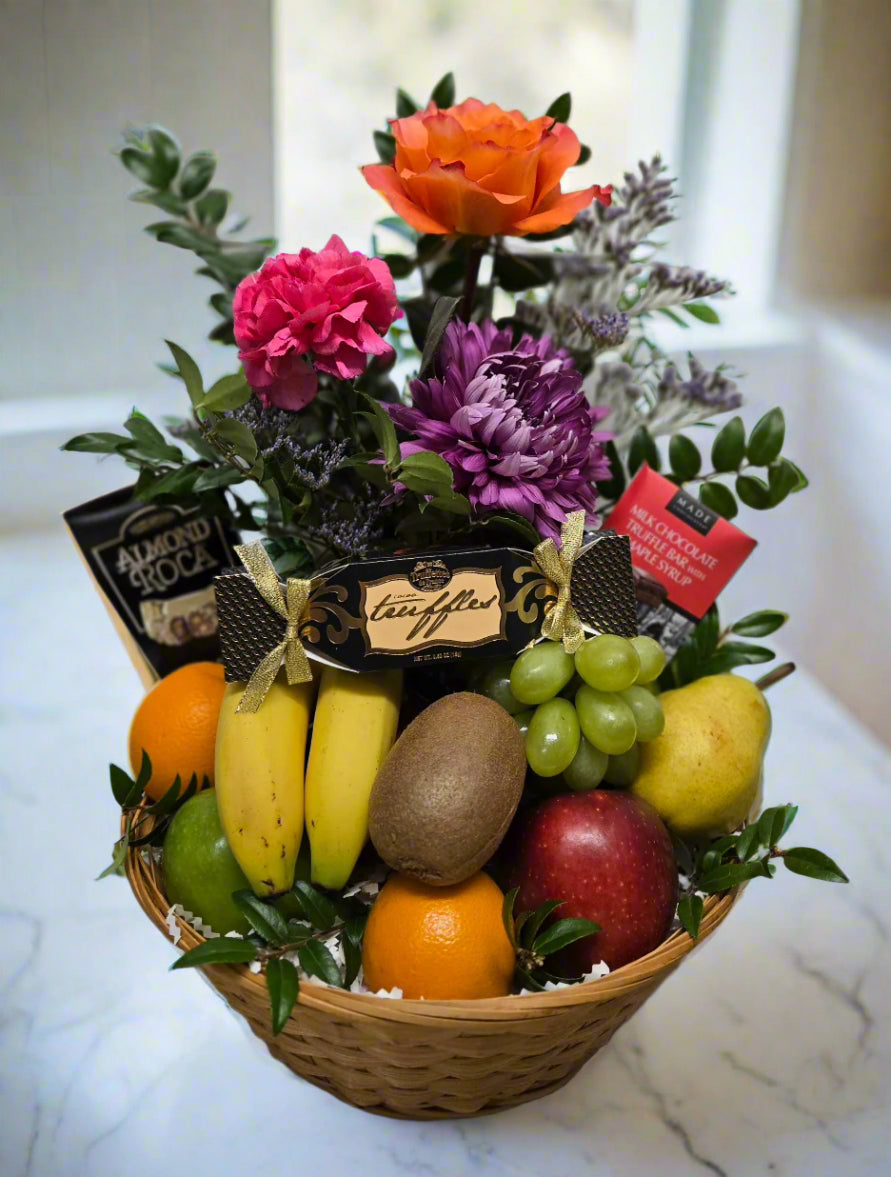 Colorful Flowers, Fruit and Chocolate Basket